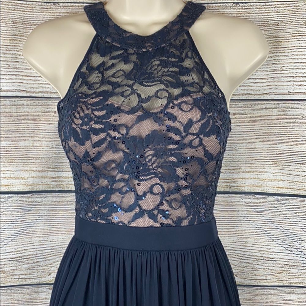 Morgan&Co Navy Blue Chiffon Laces Formal Long 
Dress - Picture 4 of 10